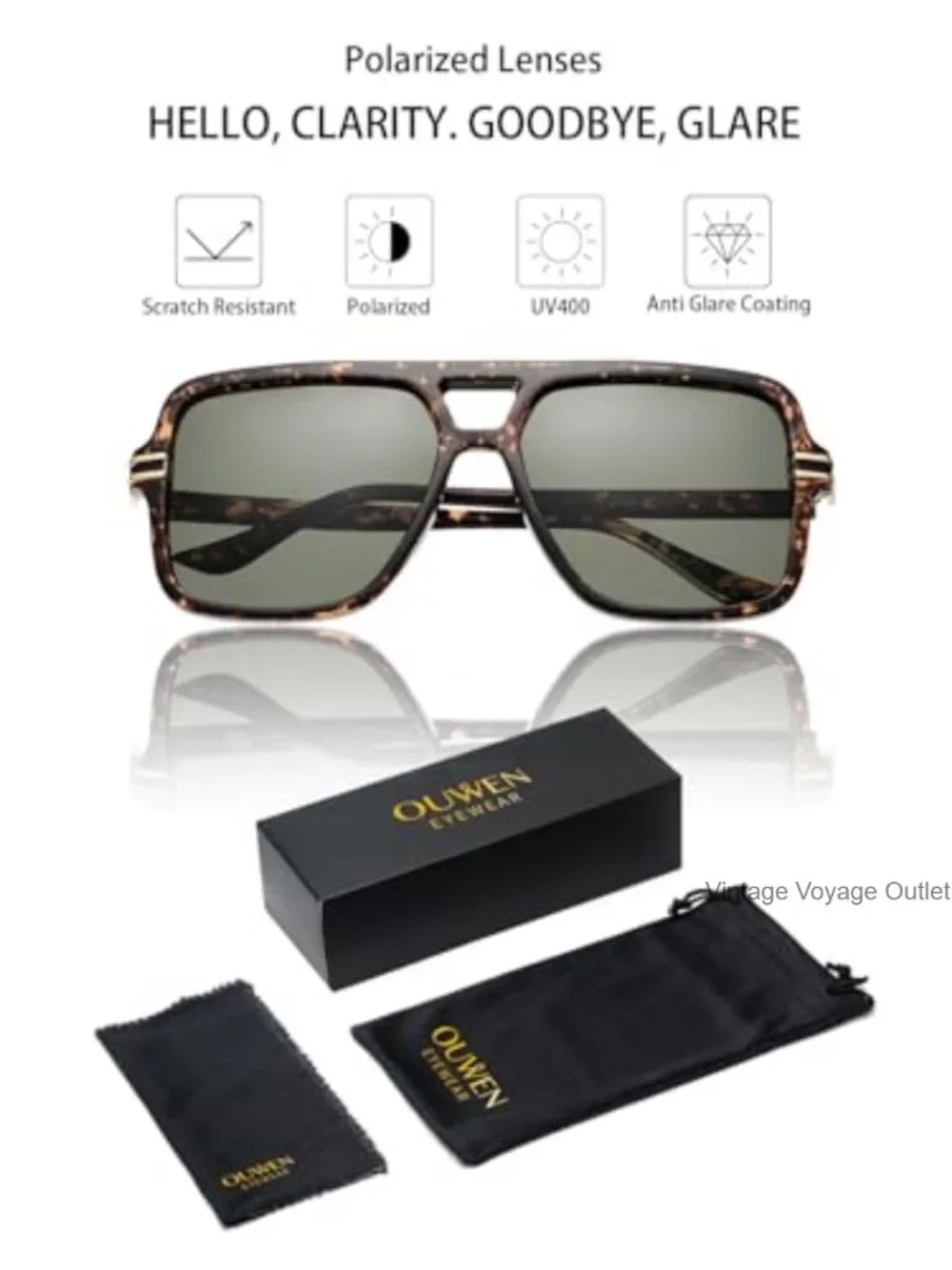 Retro Oversized Polarized Square Sunglasses Lightweight UV Protection